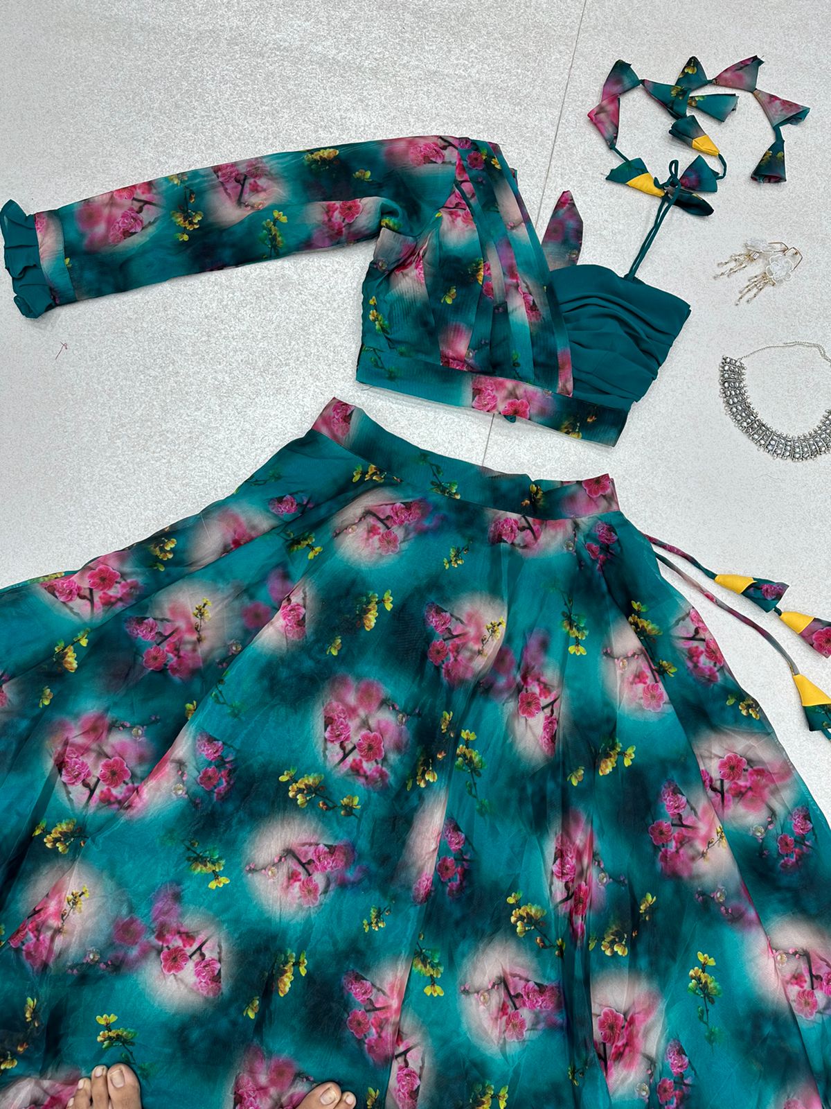 Marvelous Floral Printed Teal Blue Color Lehenga With One Shoulder Blouse Clothsvilla