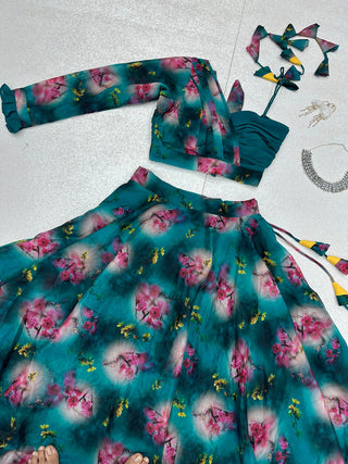 Marvelous Floral Printed Teal Blue Color Lehenga With One Shoulder Blouse Clothsvilla