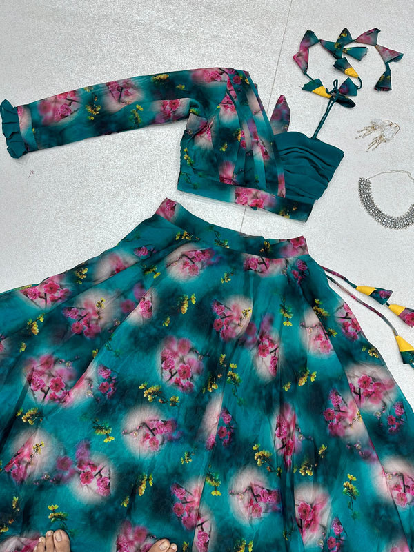 Marvelous Floral Printed Teal Blue Color Lehenga With One Shoulder Blouse Clothsvilla
