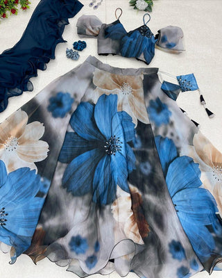 Daisy Sky Blue Color Printed Organza Lehenga Choli Clothsvilla