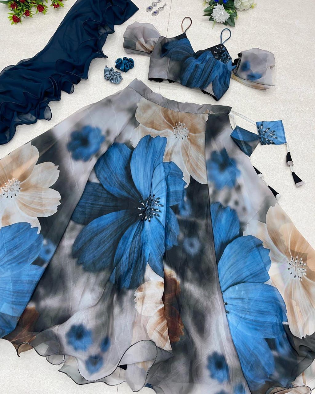 Daisy Sky Blue Color Printed Organza Lehenga Choli Clothsvilla