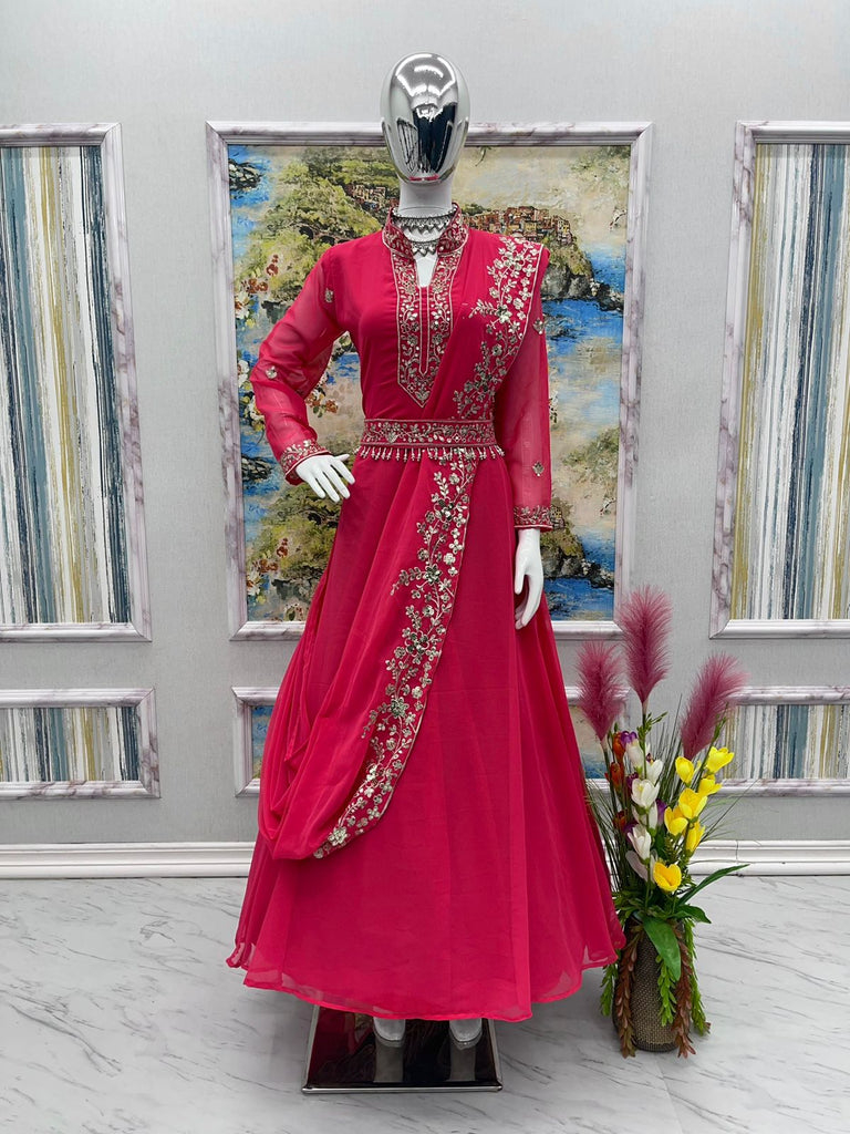Presenting  Embroidery Work Pink Color Gown Clothsvilla
