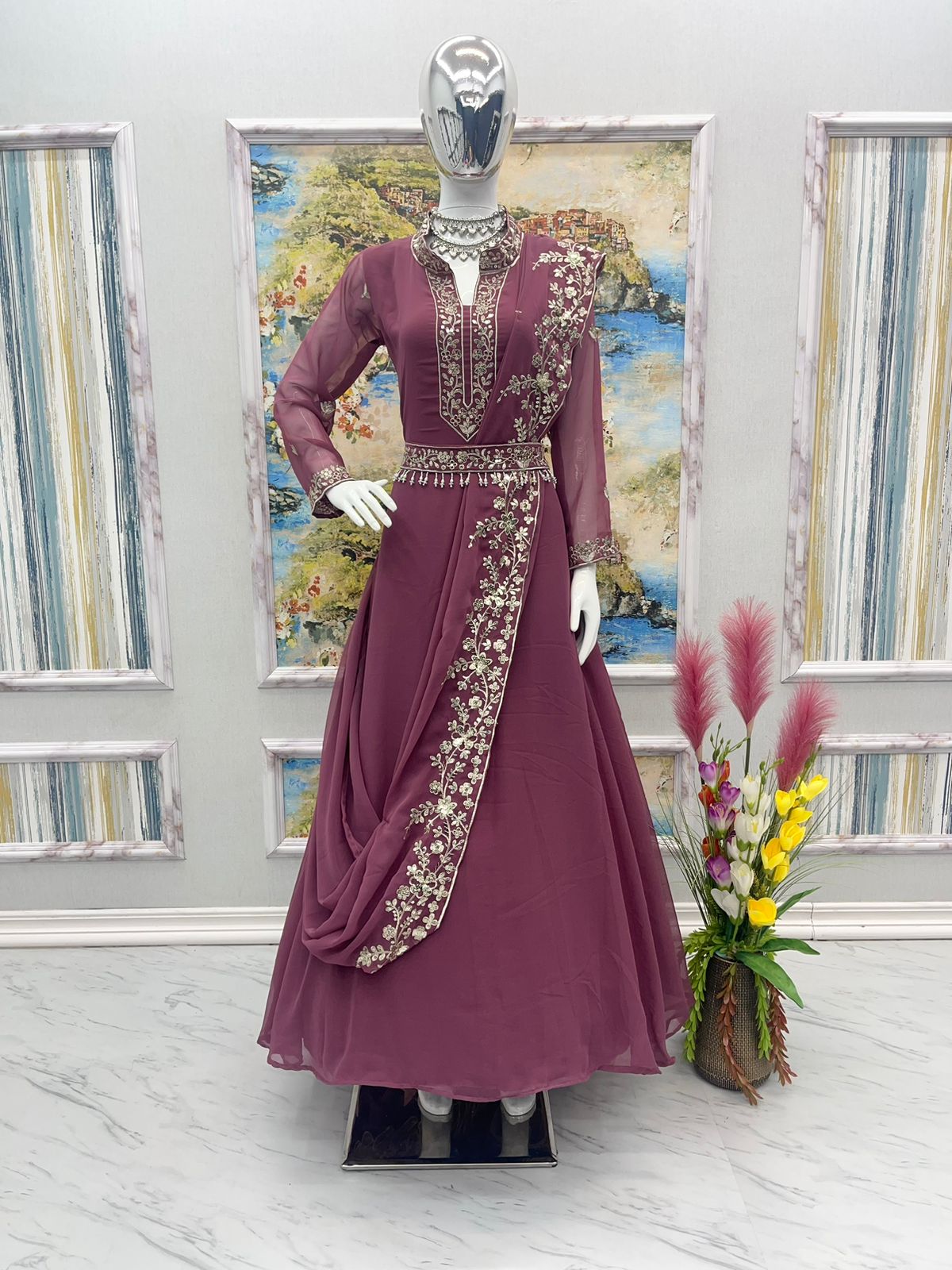 Excellent Embroidery Work Dusty Pink Color Gown Clothsvilla
