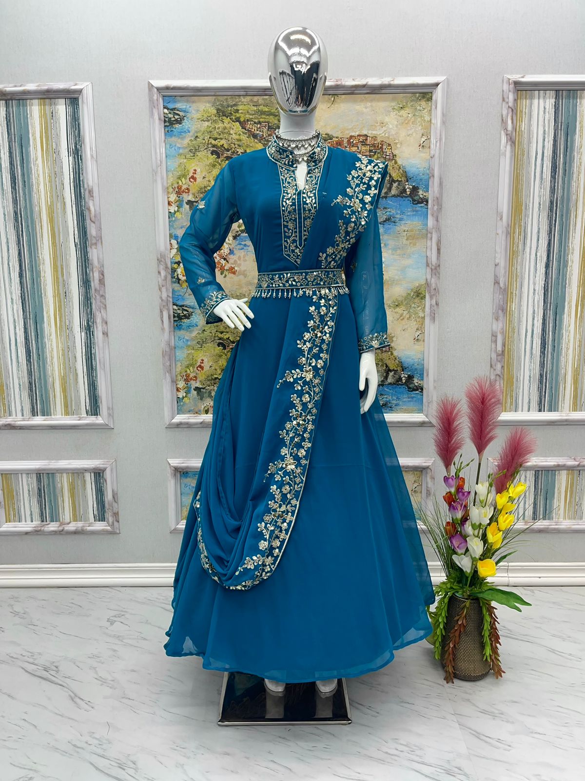 Fascinating Embroidery Work Teal Blue Color Gown Clothsvilla Main image