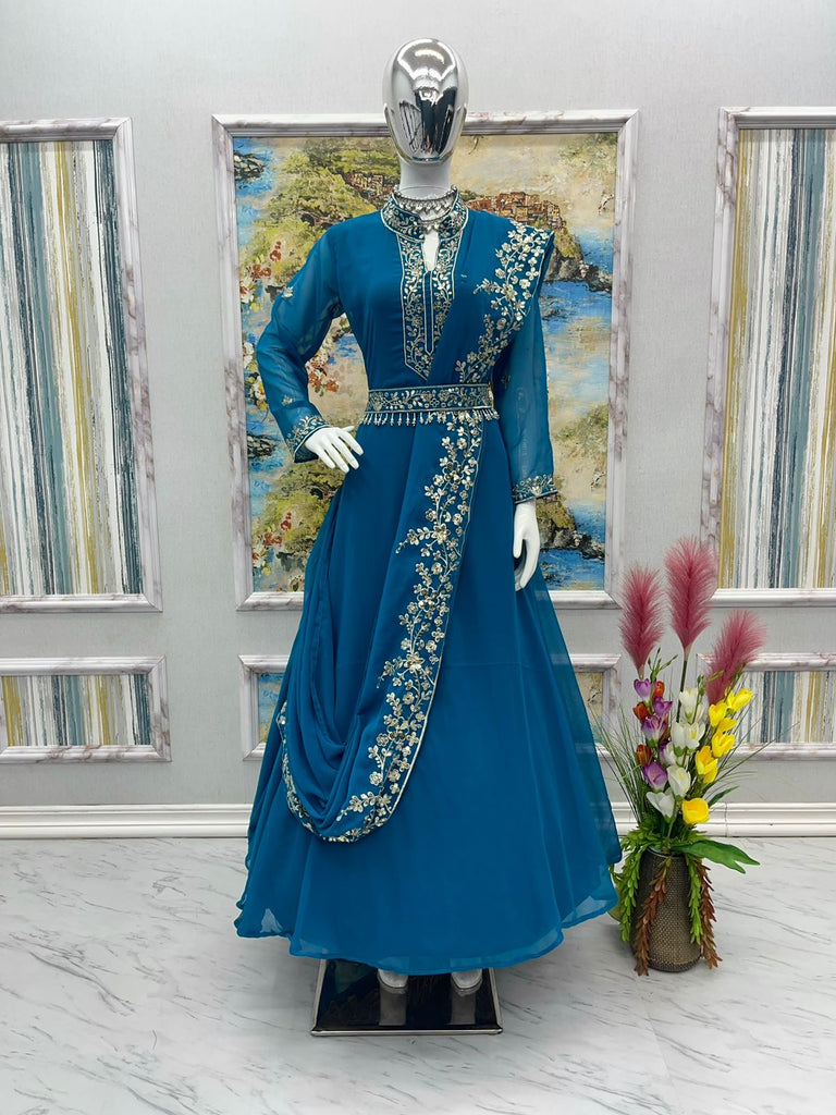 Fascinating Embroidery Work Teal Blue Color Gown Clothsvilla