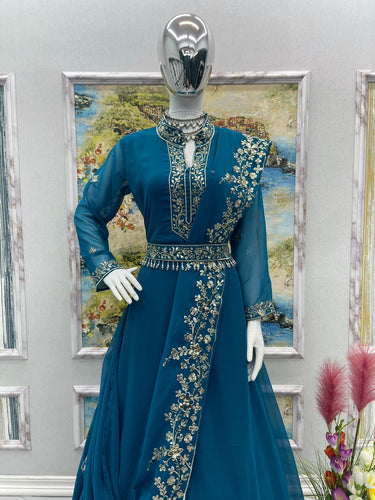Fascinating Embroidery Work Teal Blue Color Gown Clothsvilla