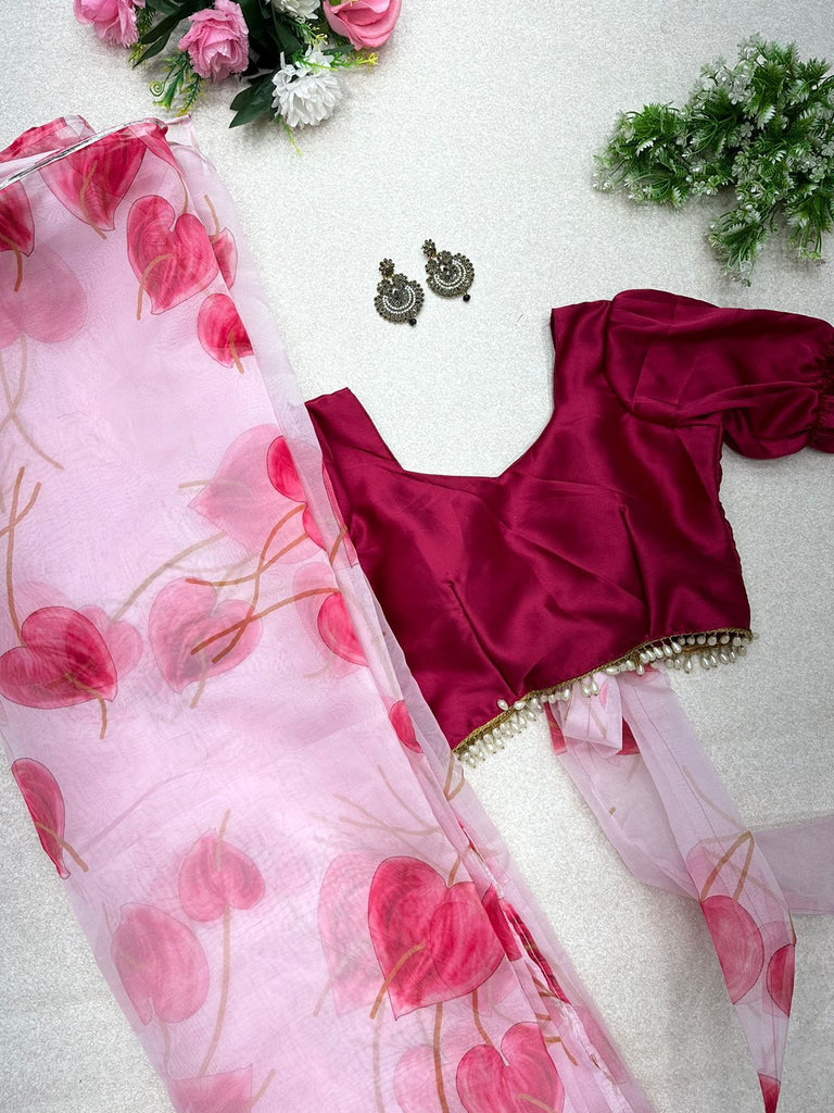 Flattering Handwork Pink Color Organza Saree Clothsvilla