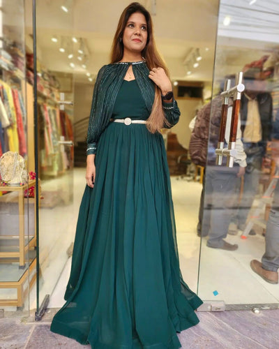 Peacock green colour full sleeve Gown with shawl - Women - 1762503426