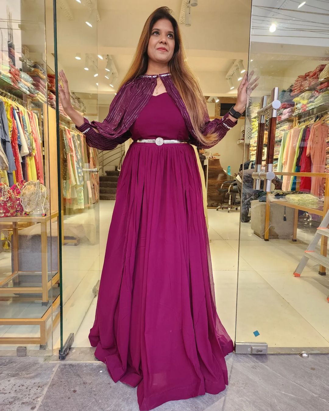 Shining  Pattern Sequence Work Wine Color Gown Clothsvilla