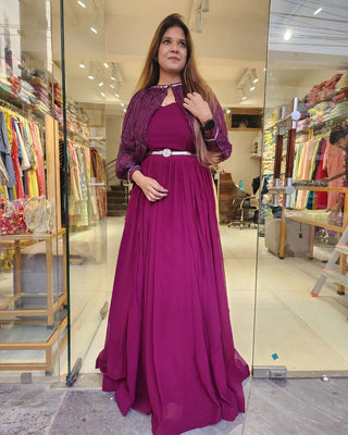 Shining  Pattern Sequence Work Wine Color Gown Clothsvilla
