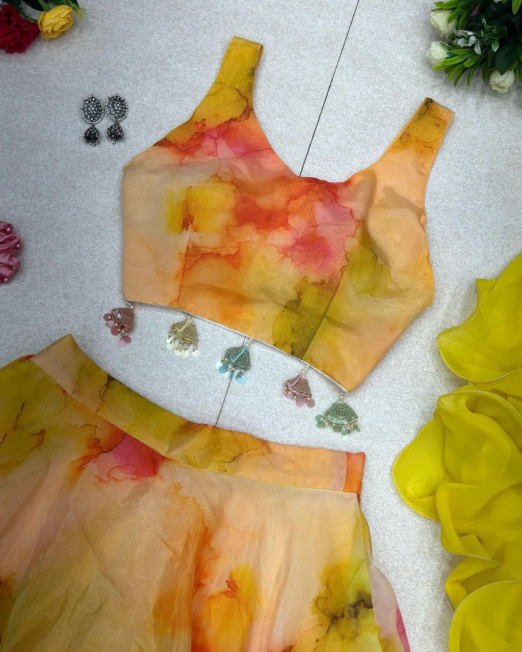 Glossy Yellow Color Digital Print Lehenga Choli Clothsvilla