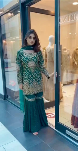 Exclusive Embroidery Sequence Work Green Color Sharara Suit Clothsvilla