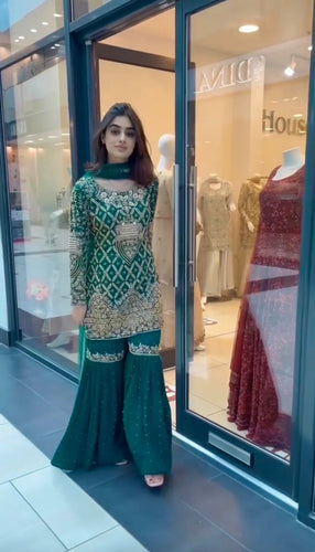 Exclusive Embroidery Sequence Work Green Color Sharara Suit Clothsvilla