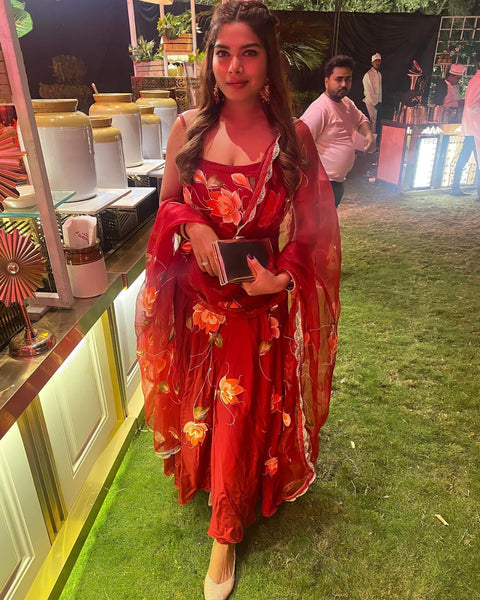 Lucknowi Red Color Digital Printed Anaekali Suit Main image