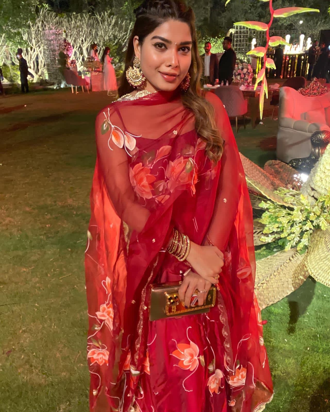 Lucknowi Red Color Digital Printed Anaekali Suit