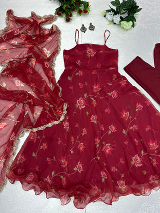Lucknowi Red Color Digital Printed Anaekali Suit