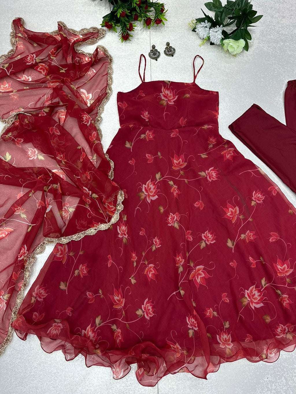 Lucknowi Red Color Digital Printed Anaekali Suit