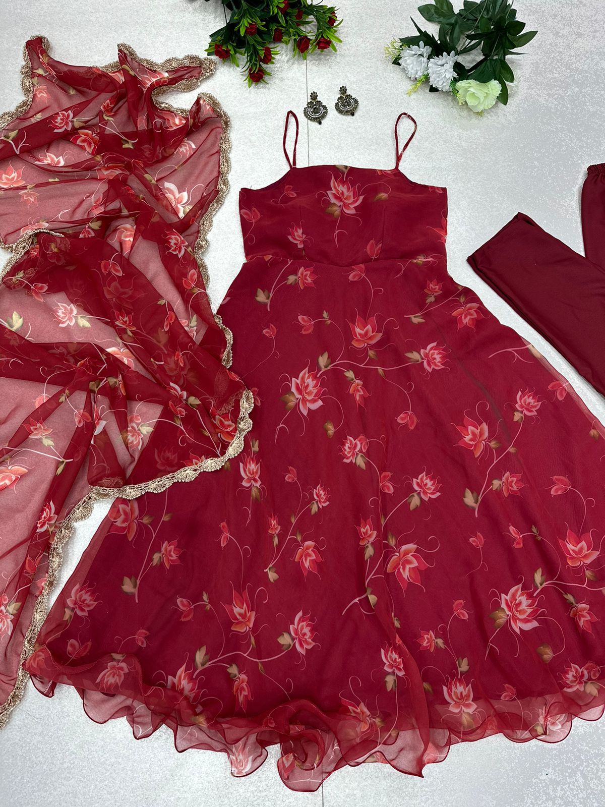 Lucknowi Red Color Digital Printed Anaekali Suit