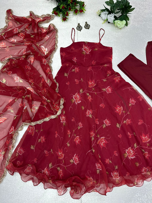 Lucknowi Red Color Digital Printed Anaekali Suit