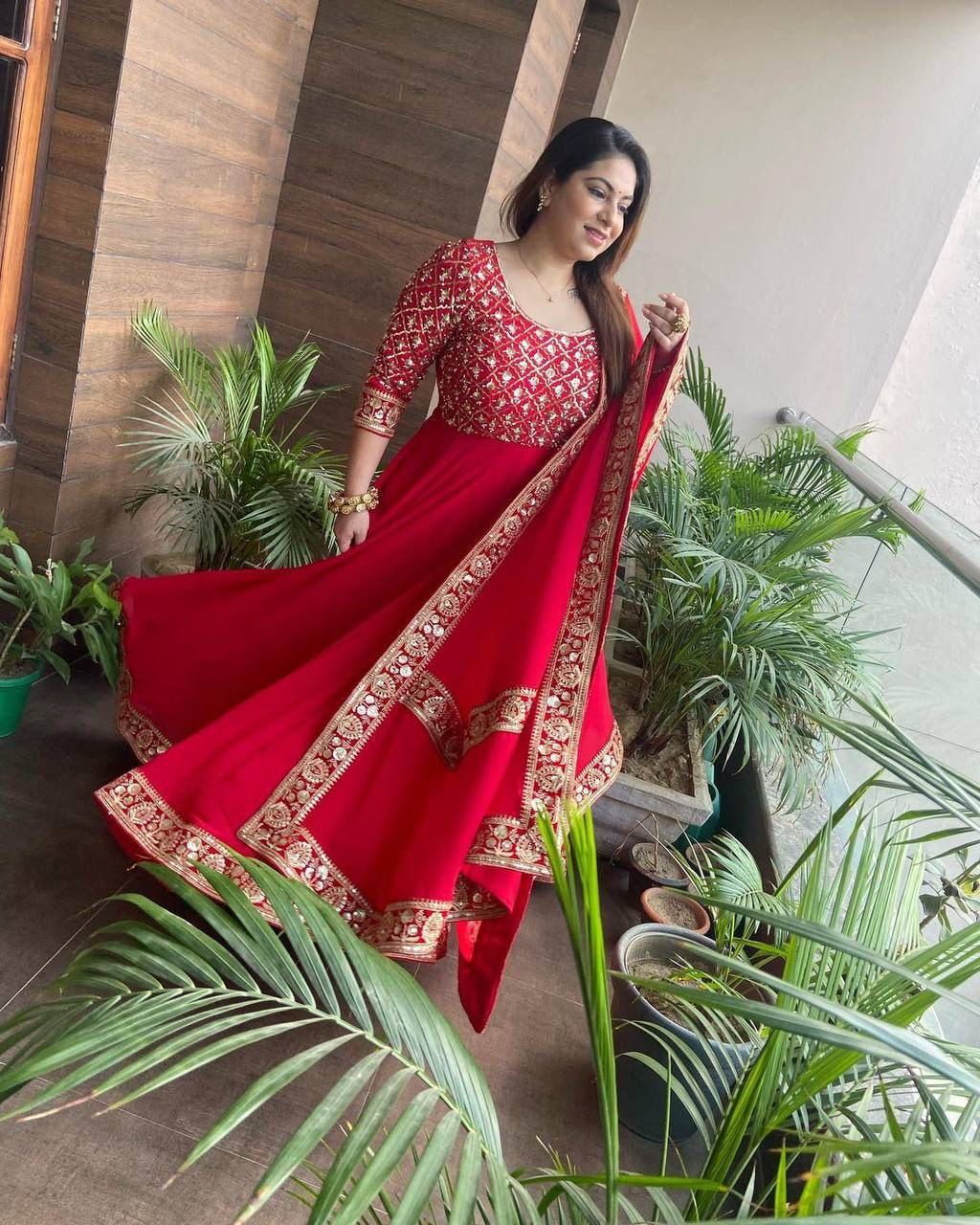 Presenting Red Color With Work Georgette Gown Clothsvilla