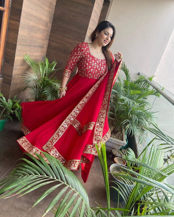 Presenting Red Color With Work Georgette Gown Clothsvilla