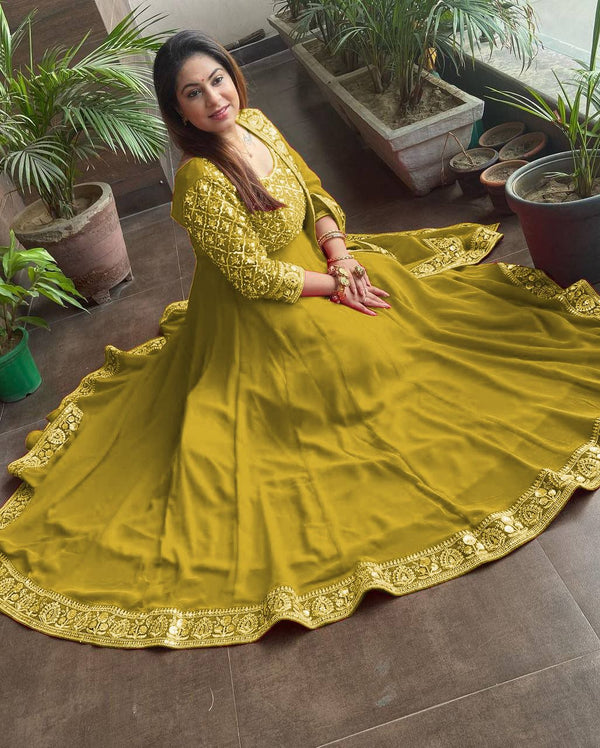 Presenting Yellow Color with Work Georgette Gown Clothsvilla