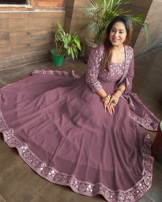 Presenting Dusty Pink Color With Work Georgette Gown Clothsvilla