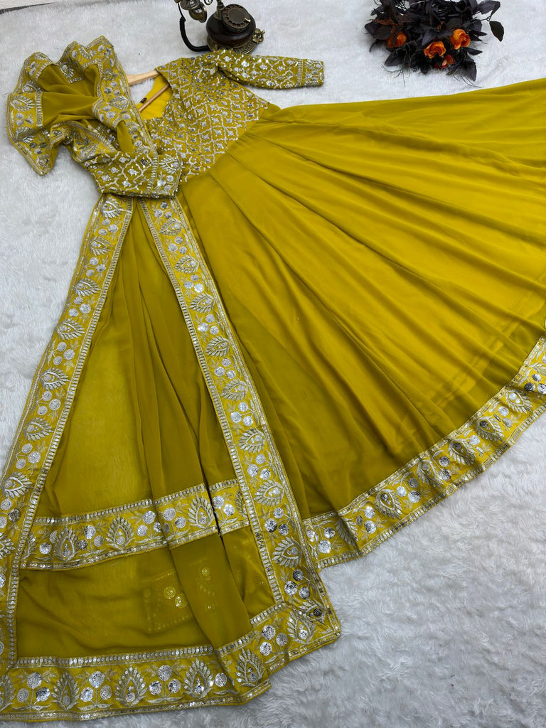 Presenting Yellow Color with Work Georgette Gown Clothsvilla