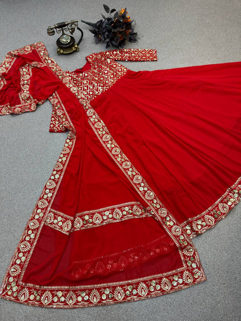 Presenting Red Color With Work Georgette Gown Clothsvilla