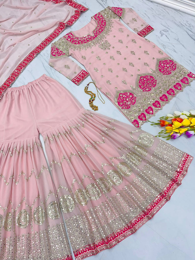 Light Pink Color Sequence Embroidery Work Sharara Suit Clothsvilla
