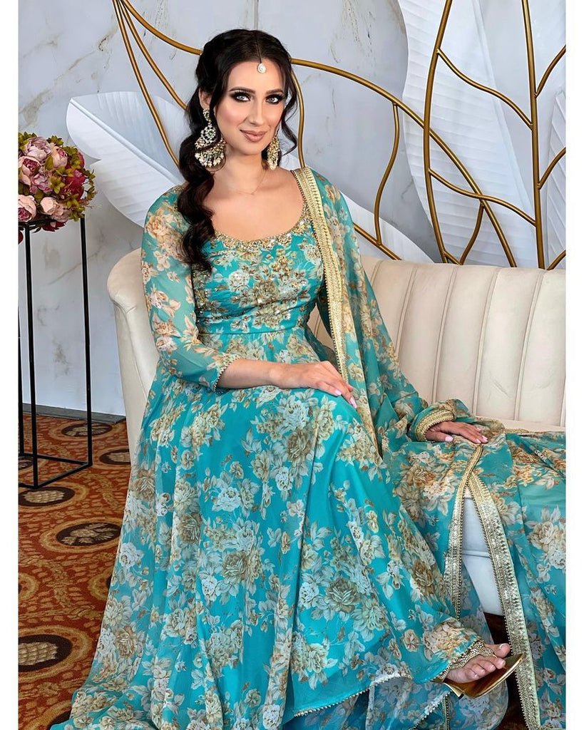 Sky Blue Floral Printed Anarkali Gown in Faux Georgette Clothsvilla