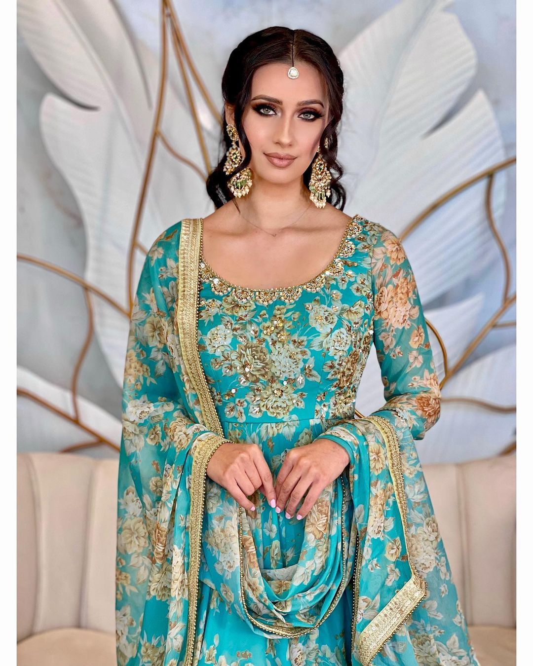 Sky Blue Floral Printed Anarkali Gown in Faux Georgette Clothsvilla