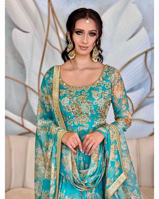 Sky Blue Floral Printed Anarkali Gown in Faux Georgette Clothsvilla