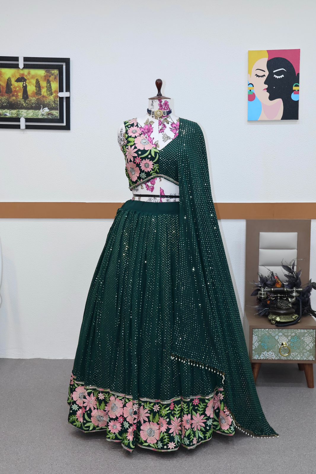 Dark Green Lehenga Choli With Sequence Embroidery Work Clothsvilla