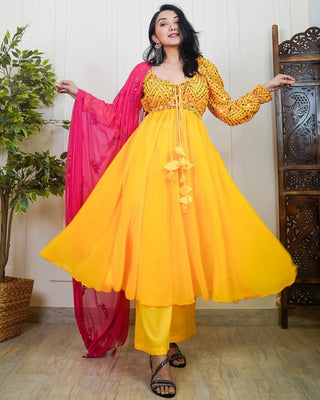 Yellow Anarkali Gown with Embroidery and Palazzo Clothsvilla