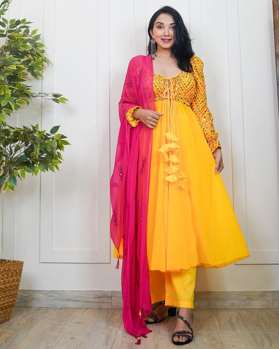 Yellow and Golden Rayon Long Anarkali Dress  MISSPRINT