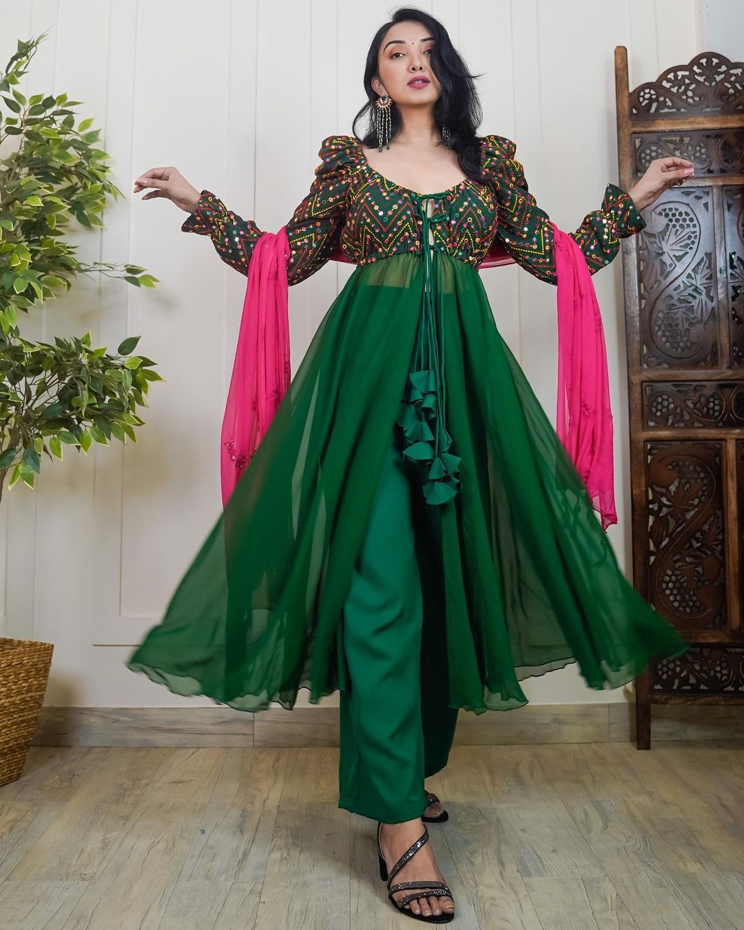 Green Anarkali Gown with Beautiful Embroidery and Palazzo Clothsvilla