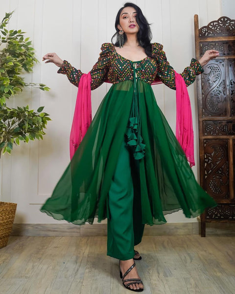 Green Anarkali Gown with Beautiful Embroidery and Palazzo Clothsvilla Main image