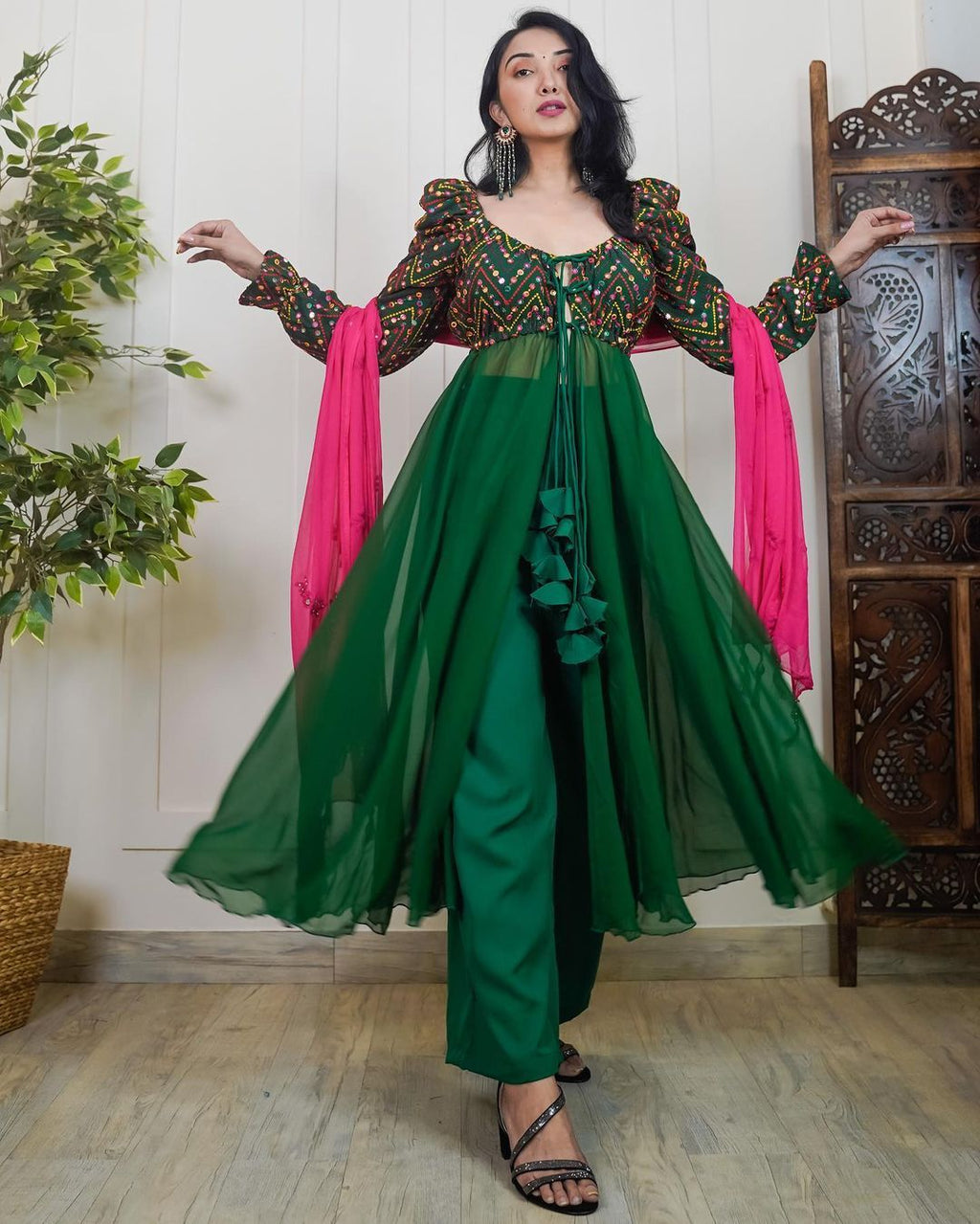 Green Anarkali Gown with Beautiful Embroidery and Palazzo Clothsvilla