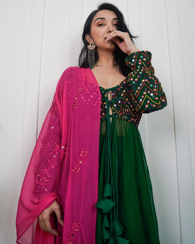 Green Anarkali Gown with Beautiful Embroidery and Palazzo Clothsvilla