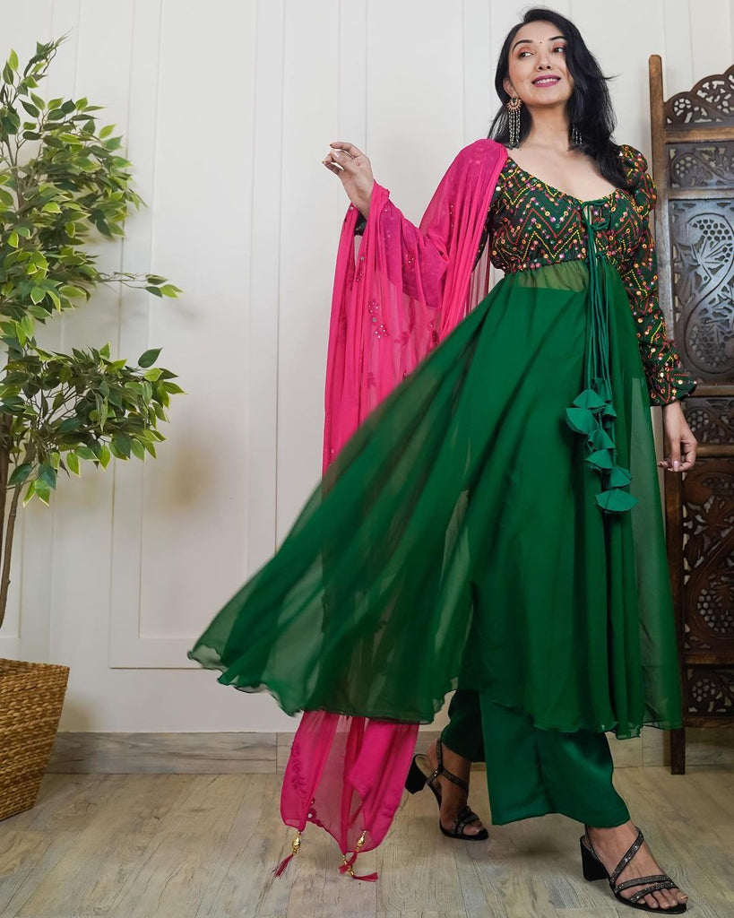 Green Anarkali Gown with Beautiful Embroidery and Palazzo Clothsvilla