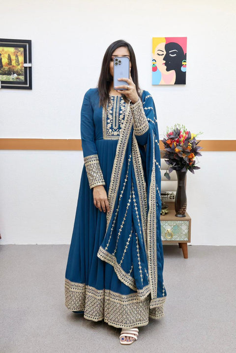 Teal Blue Anarkali Gown in Faux Georgette with Embroidery Work Clothsvilla Main image