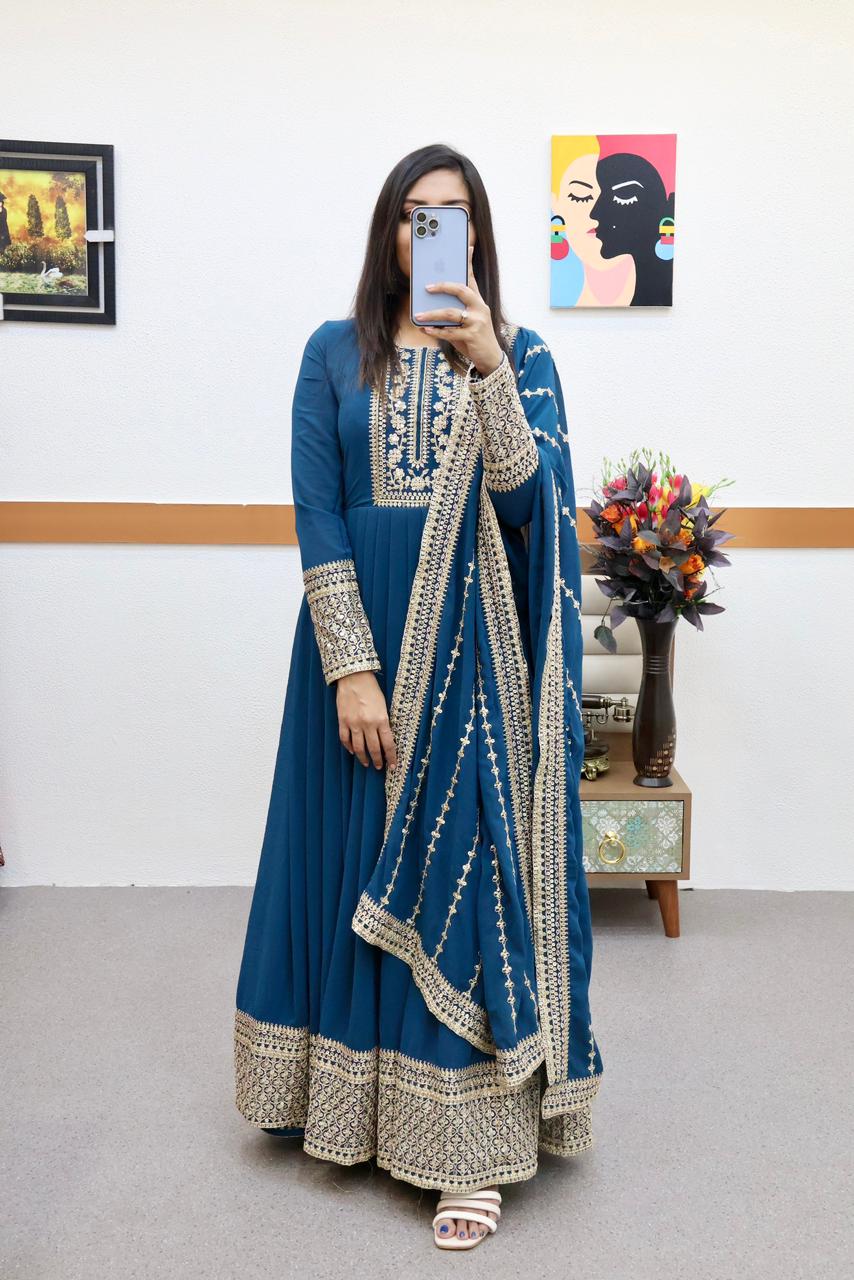 Teal Blue Anarkali Gown in Faux Georgette with Embroidery Work Clothsvilla Main image