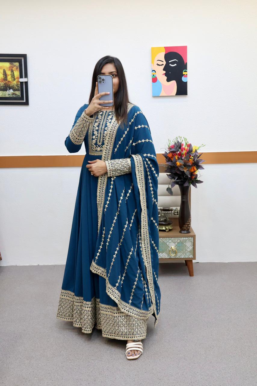 Teal Blue Anarkali Gown in Faux Georgette with Embroidery Work Secondary image