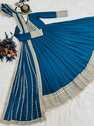 Teal Blue Anarkali Gown in Faux Georgette with Embroidery Work Clothsvilla