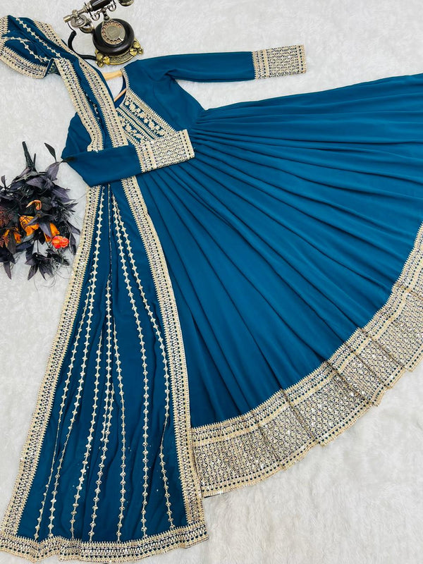 Teal Blue Anarkali Gown in Faux Georgette with Embroidery Work Clothsvilla