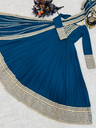Teal Blue Anarkali Gown in Faux Georgette with Embroidery Work Clothsvilla