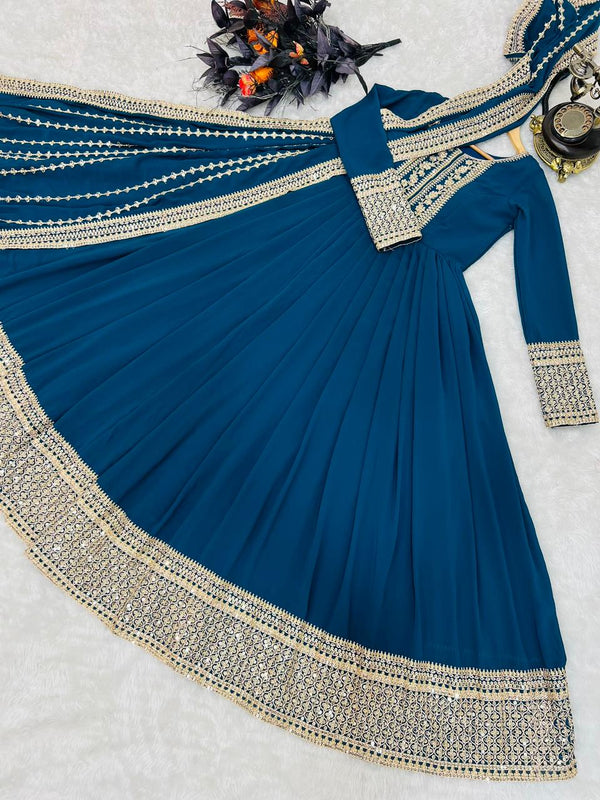 Teal Blue Anarkali Gown in Faux Georgette with Embroidery Work Clothsvilla