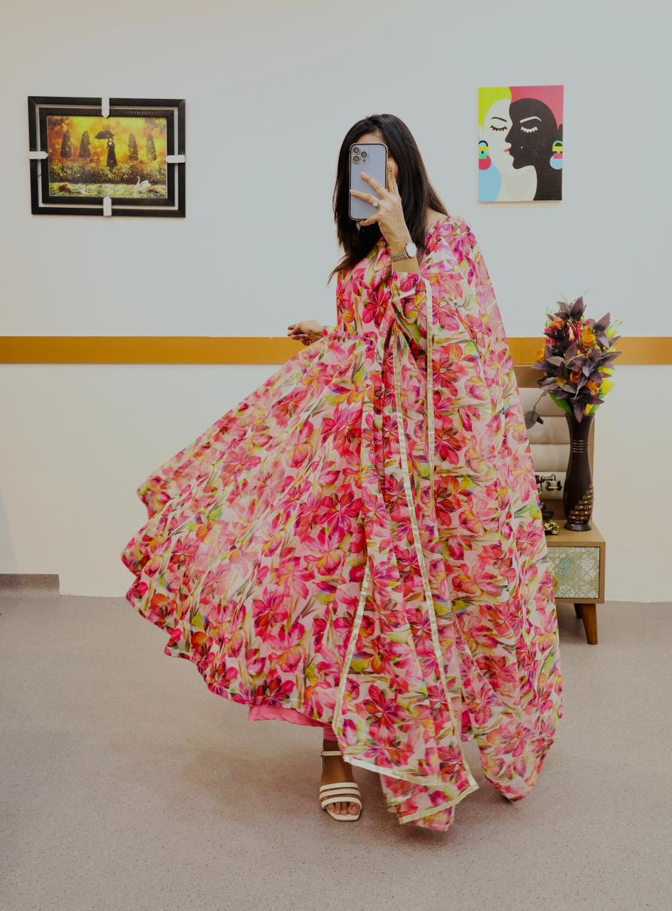 Red Anarkali Gown in Organza with Digital Floral Print Clothsvilla