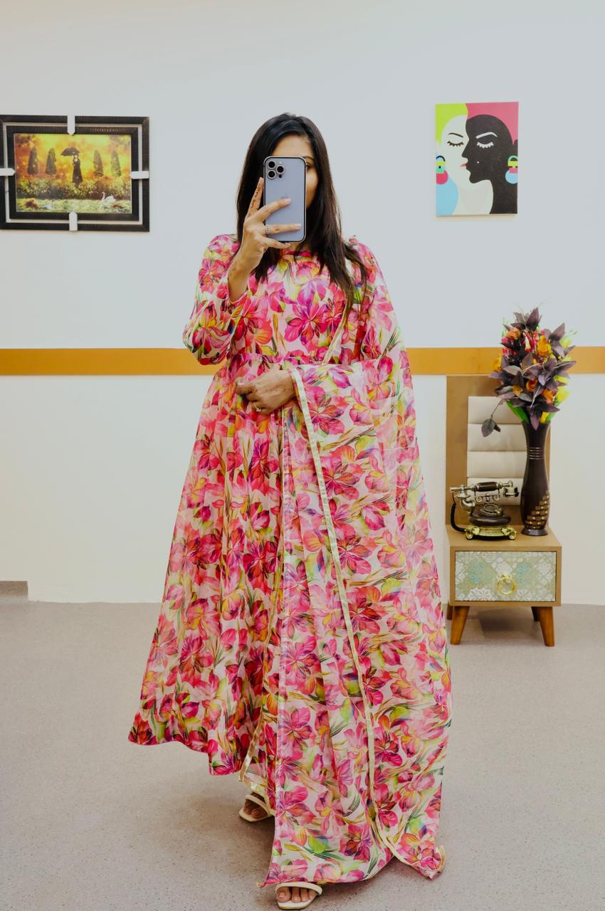 Red Anarkali Gown in Organza with Digital Floral Print Clothsvilla Main image